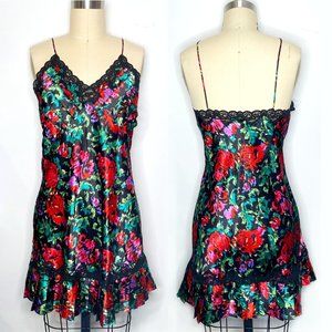 Vintage Gold Label Victoria's Secret Abstract Floral Pattern Satin + Lace Nighty
